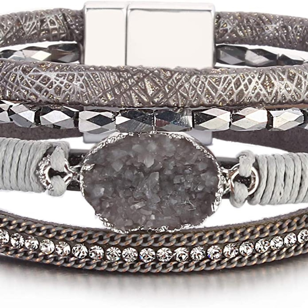 Womens Leather Wrap Boho Crystal Cuff Bracelet Magnetic Clasp
